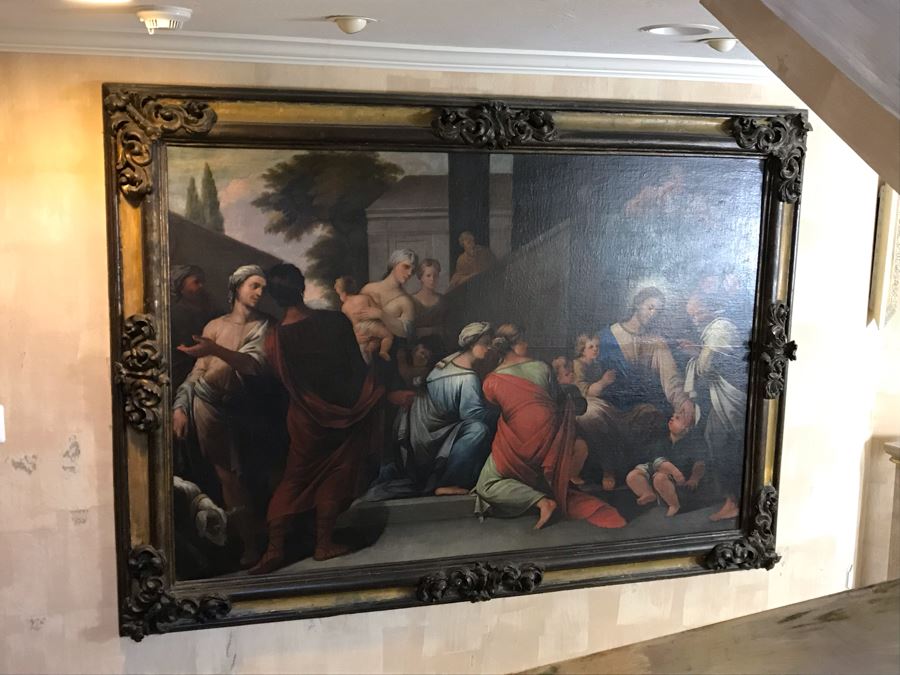 Large Original Antique Religious Oil Painting Of Jesus Blessing Children In Antique Wooden Painting From Rome Italy Measures 76W X 50H Frame Measures 90W X 64H - Has Reserve Price [Photo 29]