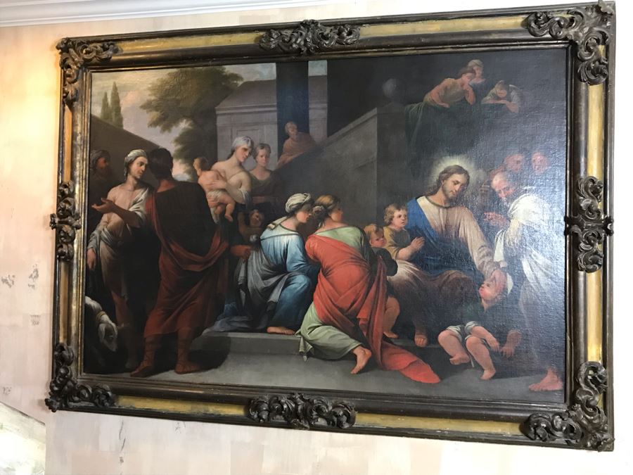 Large Original Antique Religious Oil Painting Of Jesus Blessing Children In Antique Wooden Painting From Rome Italy Measures 76W X 50H Frame Measures 90W X 64H - Has Reserve Price [Photo 5]