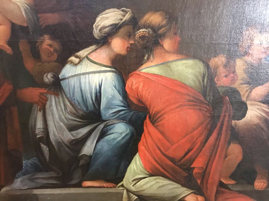 Large Original Antique Religious Oil Painting Of Jesus Blessing Children In Antique Wooden Painting From Rome Italy Measures 76W X 50H Frame Measures 90W X 64H - Has Reserve Price [Photo 19]