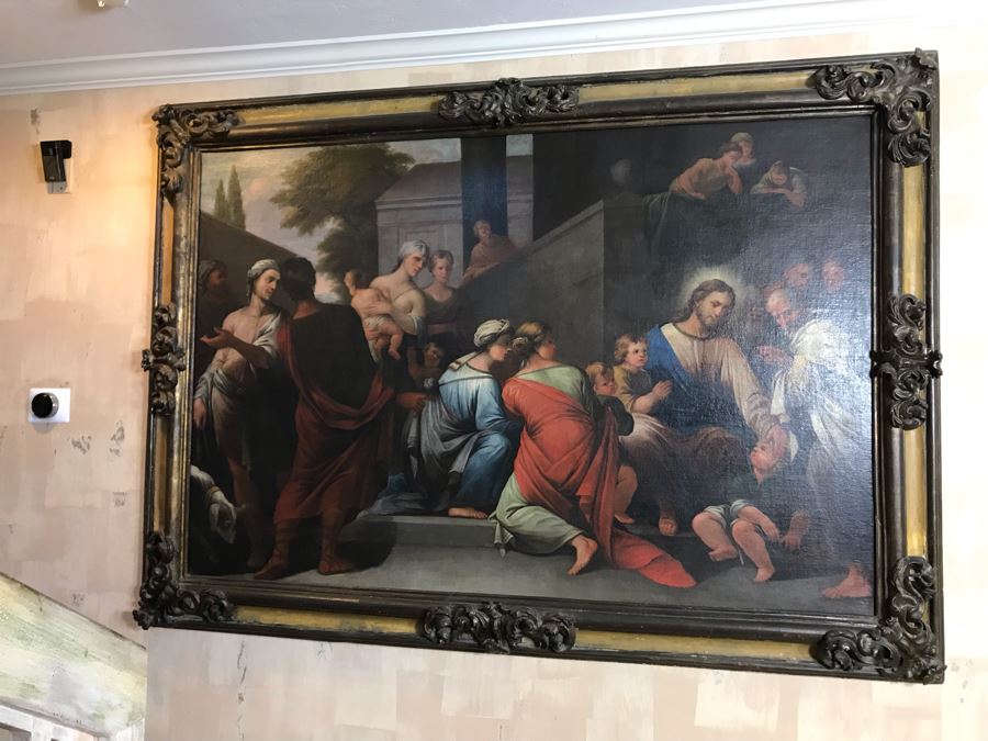 Large Original Antique Religious Oil Painting Of Jesus Blessing Children In Antique Wooden Painting From Rome Italy Measures 76W X 50H Frame Measures 90W X 64H - Has Reserve Price [Photo 4]