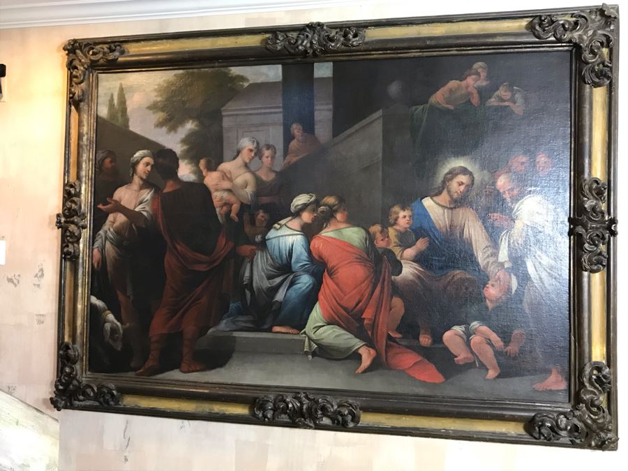 Large Original Antique Religious Oil Painting Of Jesus Blessing Children In Antique Wooden Painting From Rome Italy Measures 76W X 50H Frame Measures 90W X 64H - Has Reserve Price [Photo 6]