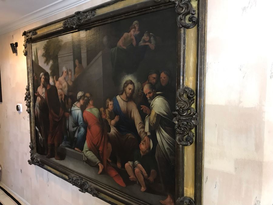 Large Original Antique Religious Oil Painting Of Jesus Blessing Children In Antique Wooden Painting From Rome Italy Measures 76W X 50H Frame Measures 90W X 64H - Has Reserve Price [Photo 16]