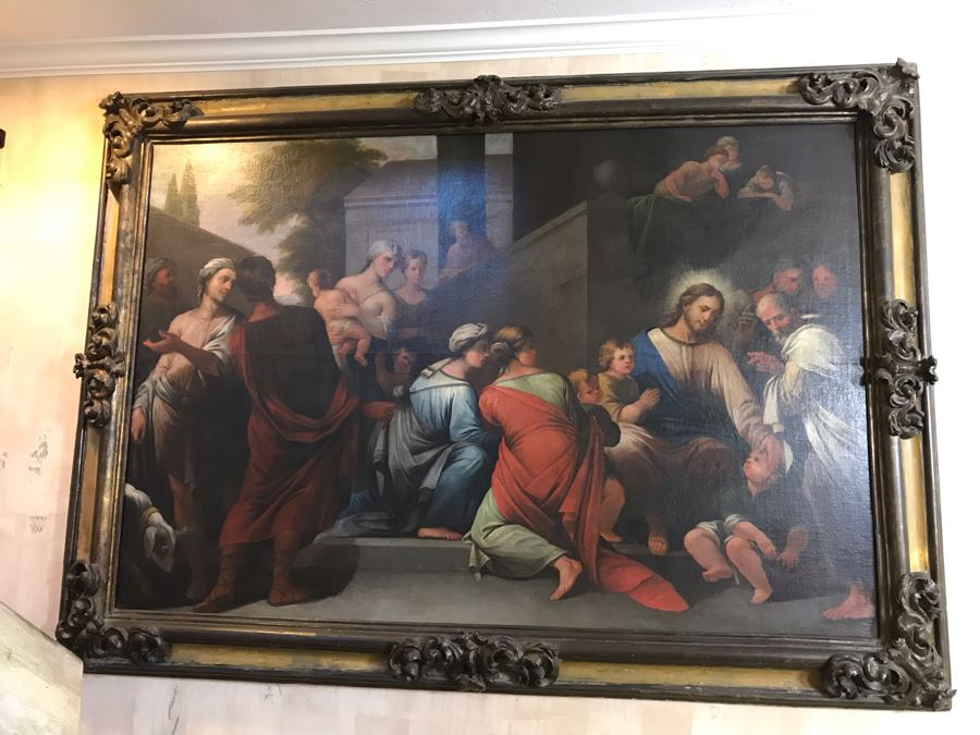 Large Original Antique Religious Oil Painting Of Jesus Blessing Children In Antique Wooden Painting From Rome Italy Measures 76W X 50H Frame Measures 90W X 64H - Has Reserve Price [Photo 7]