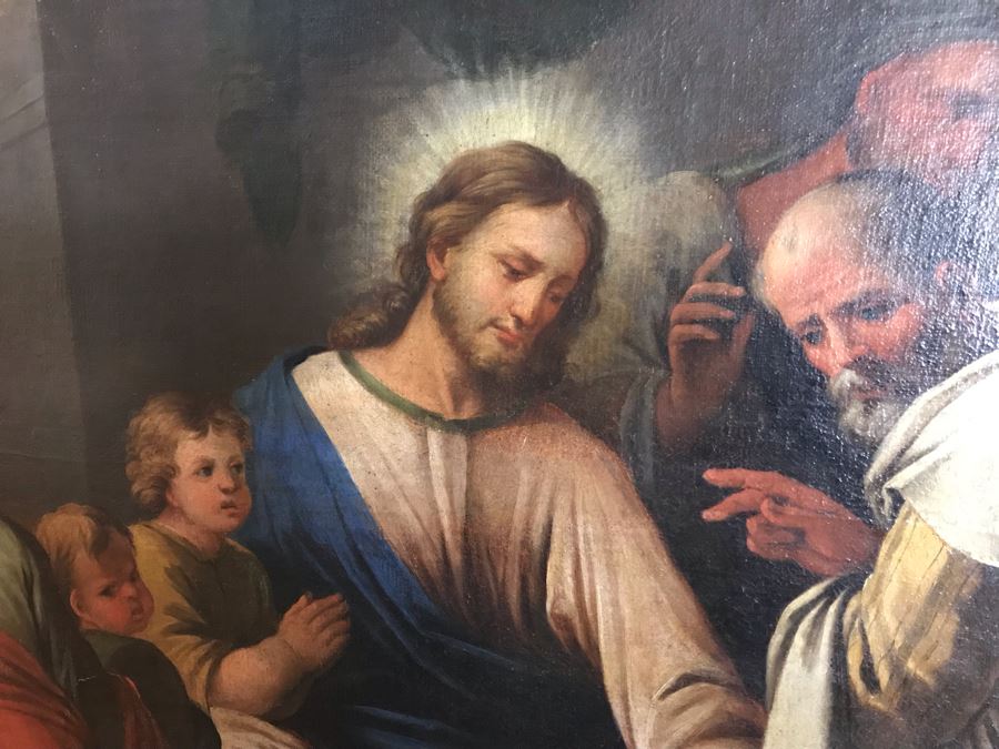 Large Original Antique Religious Oil Painting Of Jesus Blessing