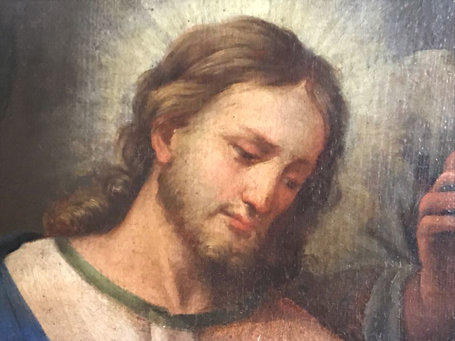 Large Original Antique Religious Oil Painting Of Jesus Blessing Children In Antique Wooden Painting From Rome Italy Measures 76W X 50H Frame Measures 90W X 64H - Has Reserve Price [Photo 10]