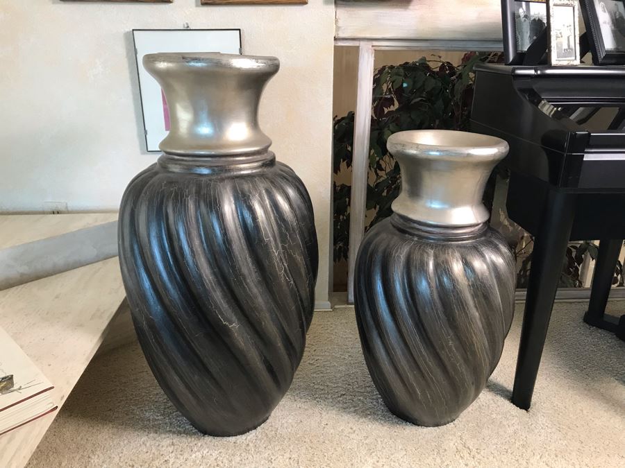 Pair Of Decorative Silvered Vases 34H And 27H