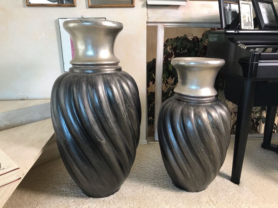 Pair Of Decorative Silvered Vases 34H And 27H [Photo 2]