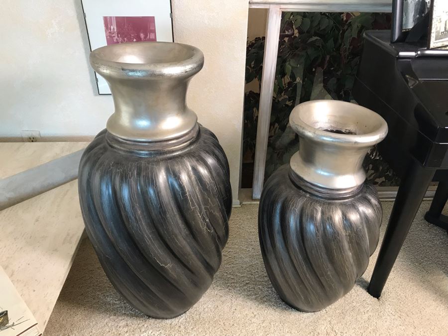 Pair Of Decorative Silvered Vases 34H And 27H [Photo 3]