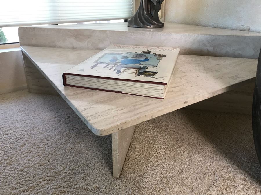 Pair Of Marble Travertine Triangular Tables 40 X 40 X 16 [Photo 5]