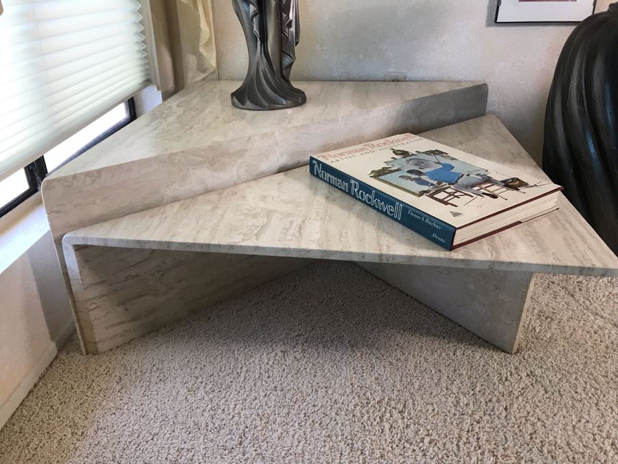 Pair Of Marble Travertine Triangular Tables 40 X 40 X 16 [Photo 2]
