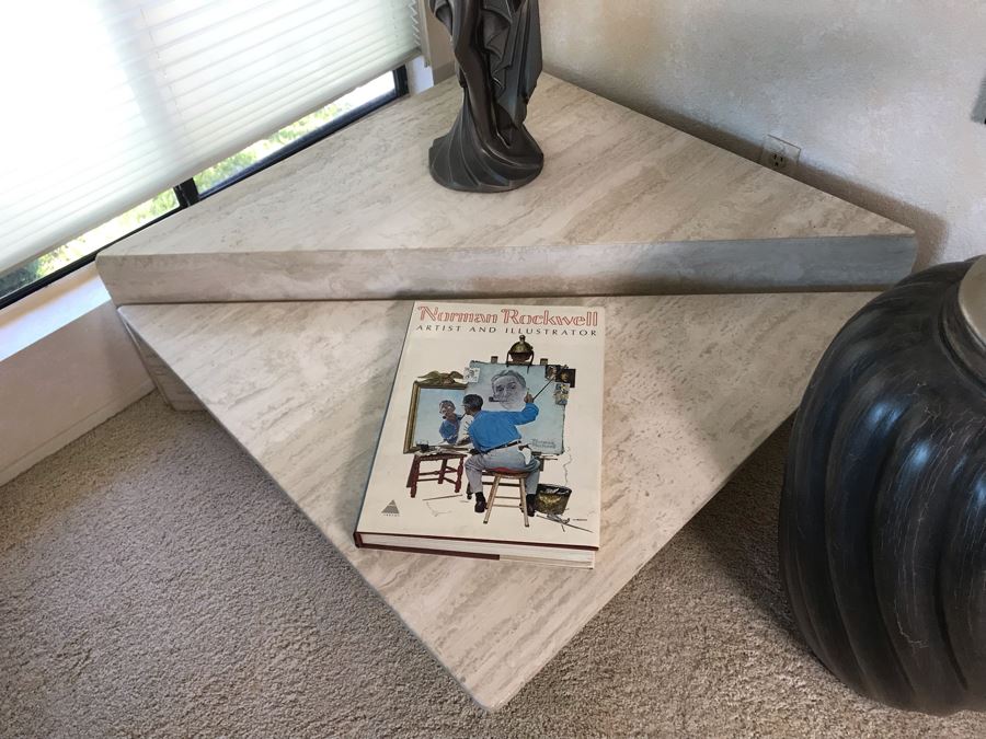 Pair Of Marble Travertine Triangular Tables 40 X 40 X 16 [Photo 6]