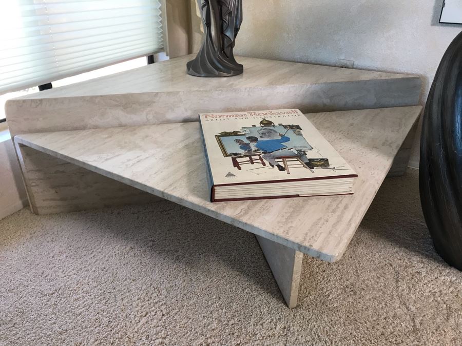 Pair Of Marble Travertine Triangular Tables 40 X 40 X 16 [Photo 3]