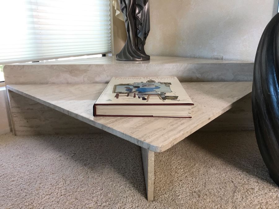 Pair Of Marble Travertine Triangular Tables 40 X 40 X 16 [Photo 8]