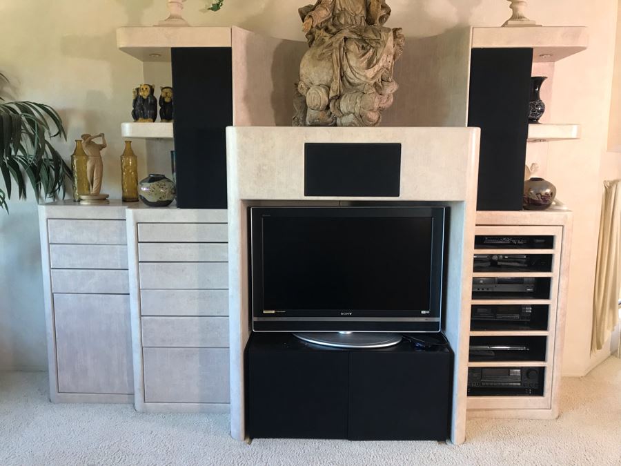Large Custom 4-Piece Entertainment Center Cabinet With Built-In Speakers (Stereo Equipment On Lower Right Shelves Included With Cabinet) 118W X 33D X 84H [Photo 4]