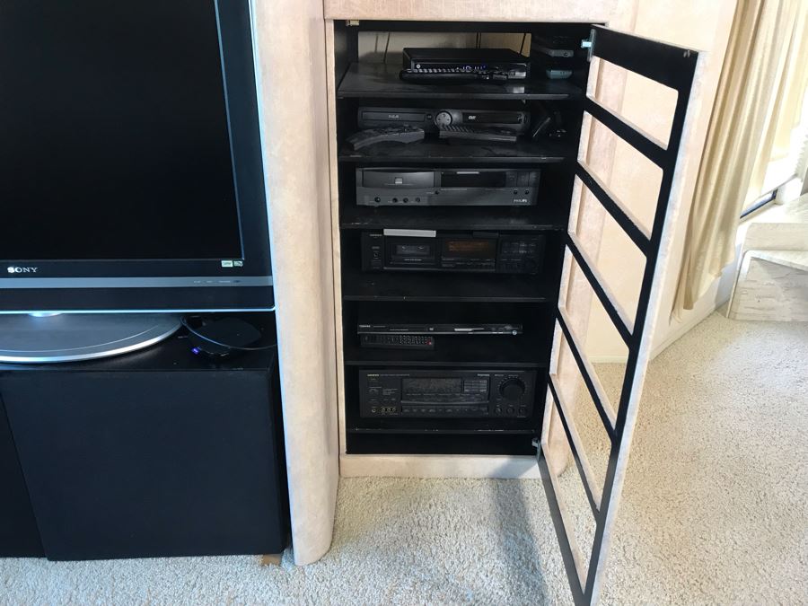 Large Custom 4-Piece Entertainment Center Cabinet With Built-In Speakers (Stereo Equipment On Lower Right Shelves Included With Cabinet) 118W X 33D X 84H [Photo 5]