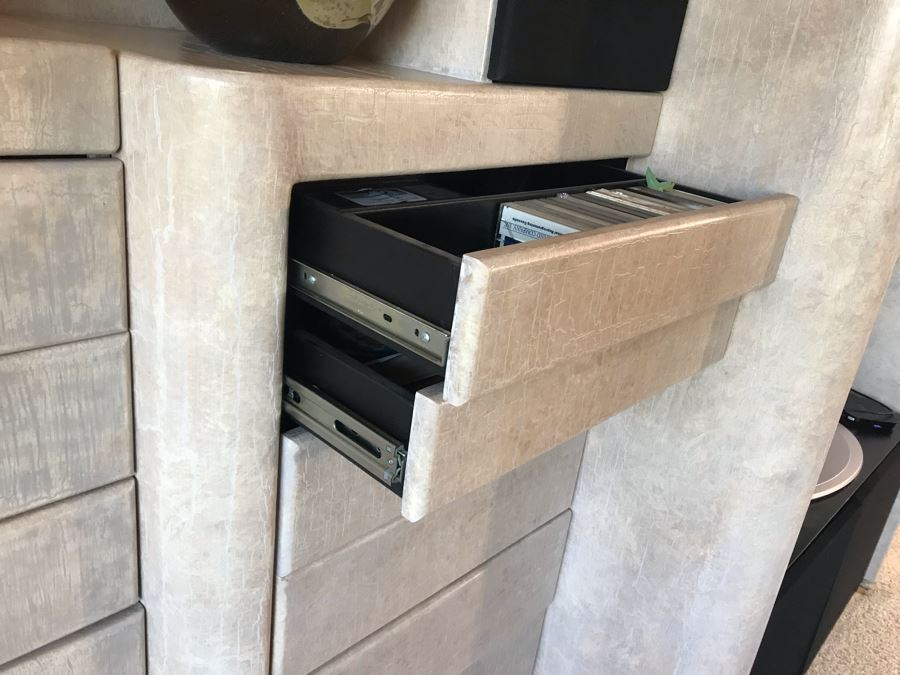 Large Custom 4-Piece Entertainment Center Cabinet With Built-In Speakers (Stereo Equipment On Lower Right Shelves Included With Cabinet) 118W X 33D X 84H [Photo 9]