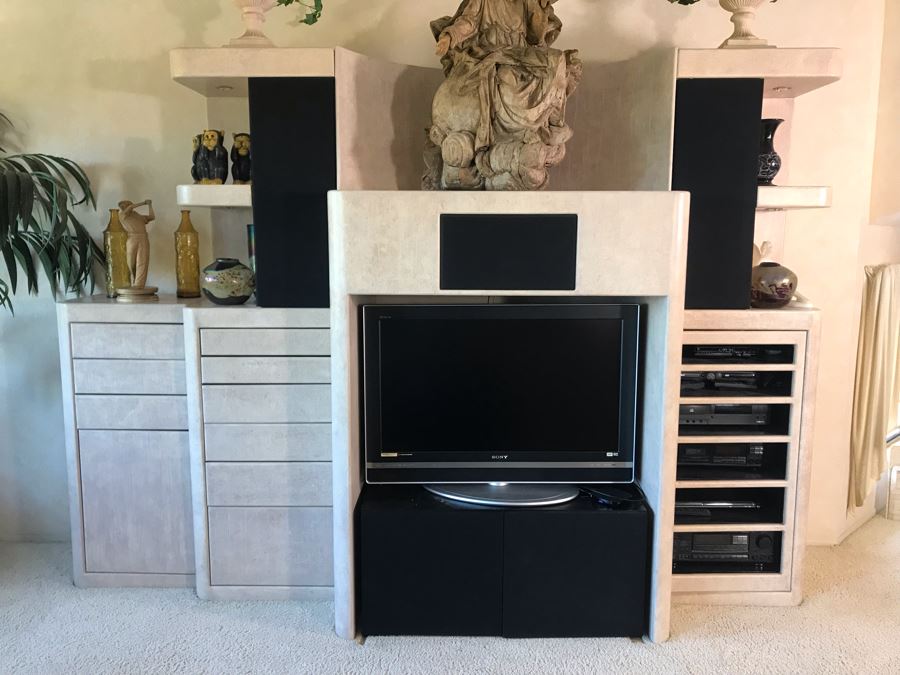 Large Custom 4-Piece Entertainment Center Cabinet With Built-In Speakers (Stereo Equipment On Lower Right Shelves Included With Cabinet) 118W X 33D X 84H [Photo 1]