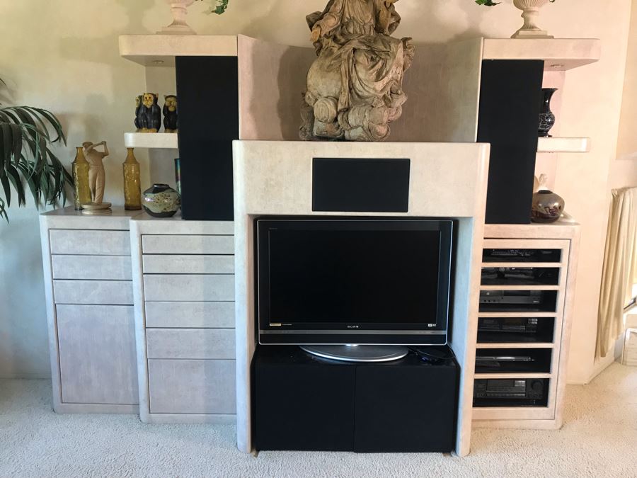 Large Custom 4-Piece Entertainment Center Cabinet With Built-In Speakers (Stereo Equipment On Lower Right Shelves Included With Cabinet) 118W X 33D X 84H [Photo 2]