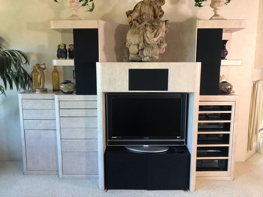 Large Custom 4-Piece Entertainment Center Cabinet With Built-In Speakers (Stereo Equipment On Lower Right Shelves Included With Cabinet) 118W X 33D X 84H [Photo 3]