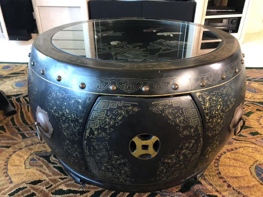 Asian Wooden Black Lacquer Oriental Tea Coffee Table Set With Inlaid Pearl And (4) Built-In Stools With Glass Top 34W X 20H [Photo 2]