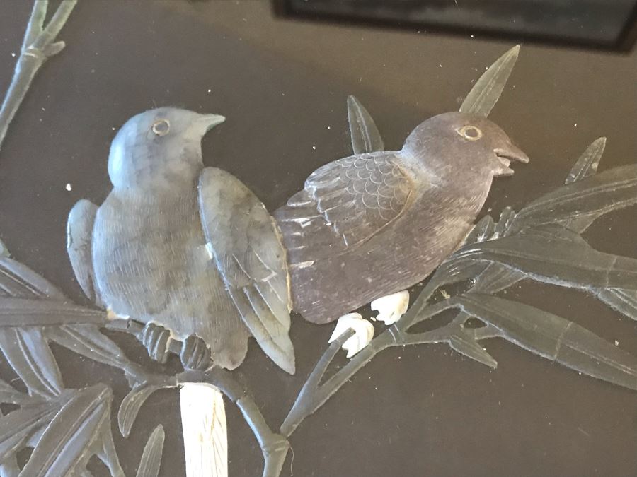 Asian Wooden Black Lacquer Oriental Tea Coffee Table Set With Inlaid Pearl And (4) Built-In Stools With Glass Top 34W X 20H [Photo 5]