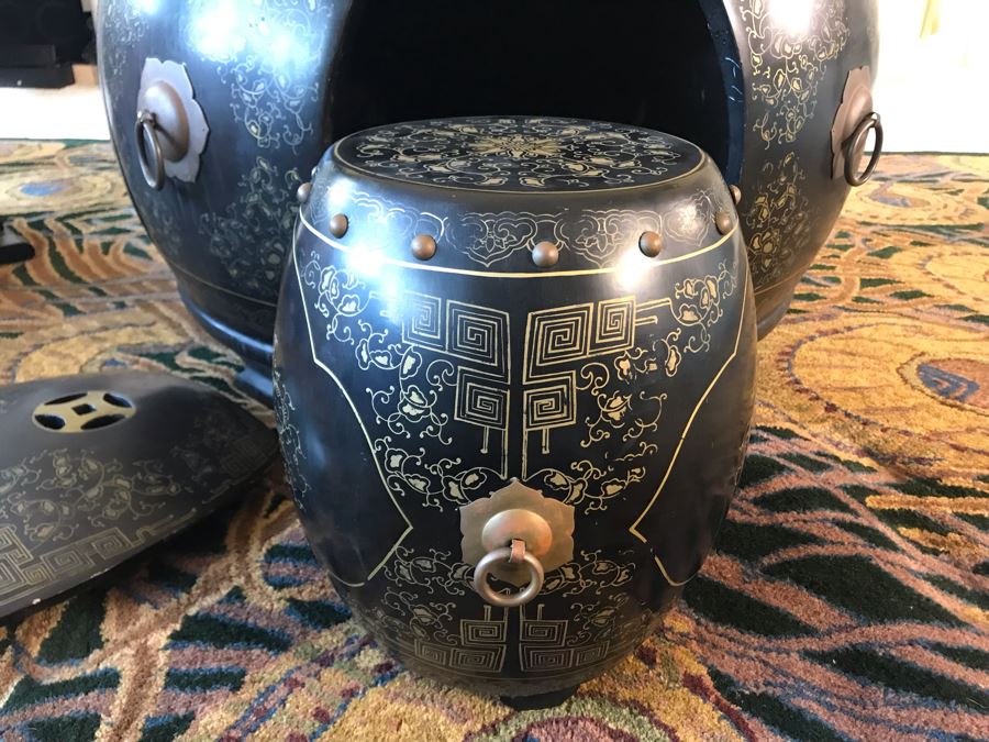 Asian Wooden Black Lacquer Oriental Tea Coffee Table Set With Inlaid Pearl And (4) Built-In Stools With Glass Top 34W X 20H [Photo 12]