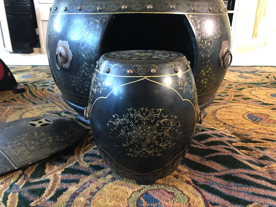 Asian Wooden Black Lacquer Oriental Tea Coffee Table Set With Inlaid Pearl And (4) Built-In Stools With Glass Top 34W X 20H [Photo 11]