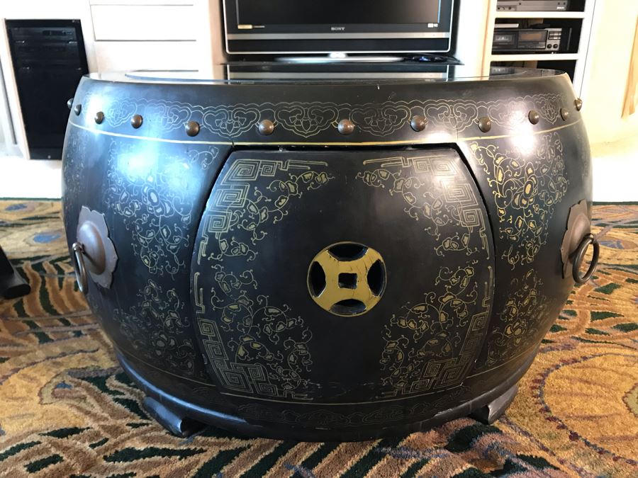 Asian Wooden Black Lacquer Oriental Tea Coffee Table Set With Inlaid Pearl And (4) Built-In Stools With Glass Top 34W X 20H [Photo 3]