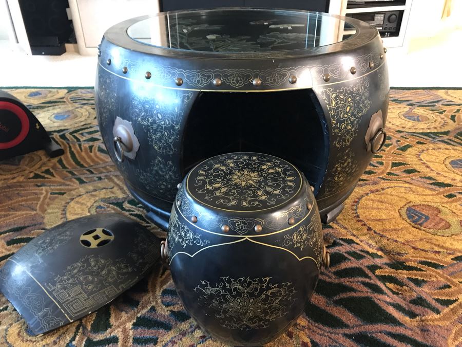 Asian Wooden Black Lacquer Oriental Tea Coffee Table Set With Inlaid Pearl And (4) Built-In Stools With Glass Top 34W X 20H