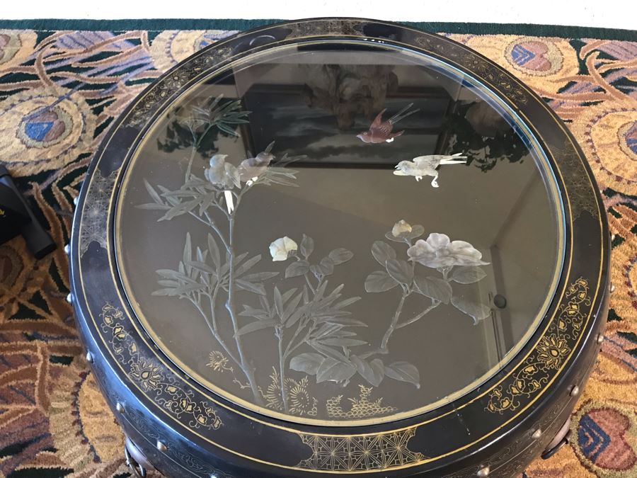 Asian Wooden Black Lacquer Oriental Tea Coffee Table Set With Inlaid Pearl And (4) Built-In Stools With Glass Top 34W X 20H [Photo 4]