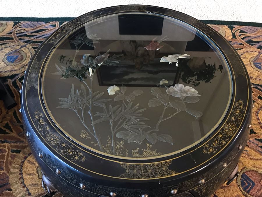 Asian Wooden Black Lacquer Oriental Tea Coffee Table Set With Inlaid Pearl And (4) Built-In Stools With Glass Top 34W X 20H [Photo 9]