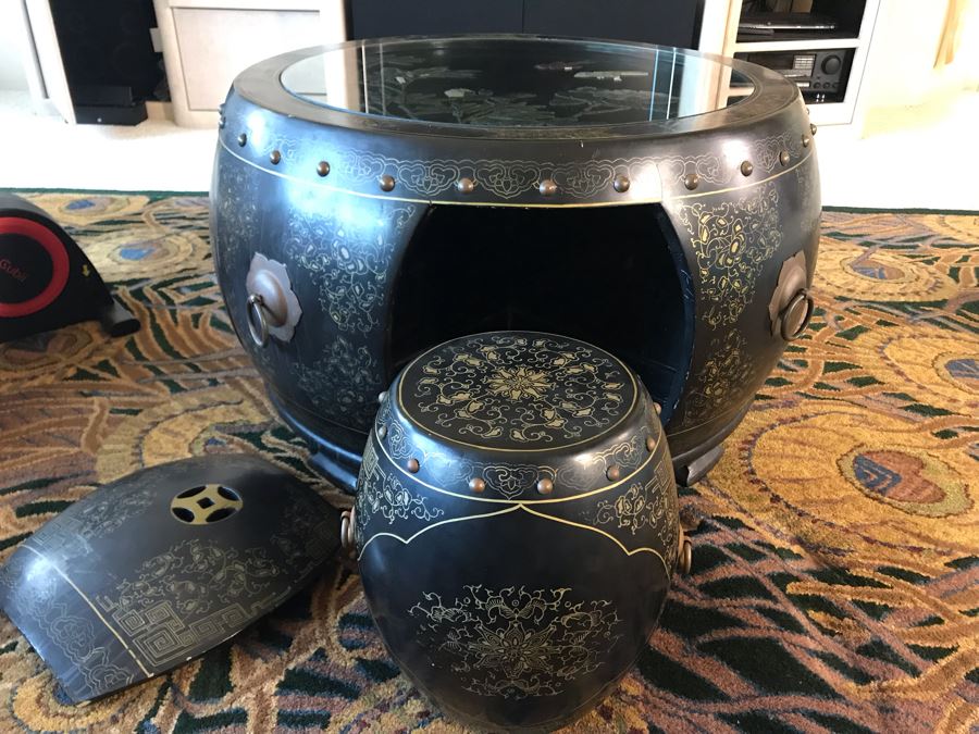 Asian Wooden Black Lacquer Oriental Tea Coffee Table Set With Inlaid Pearl And (4) Built-In Stools With Glass Top 34W X 20H [Photo 10]