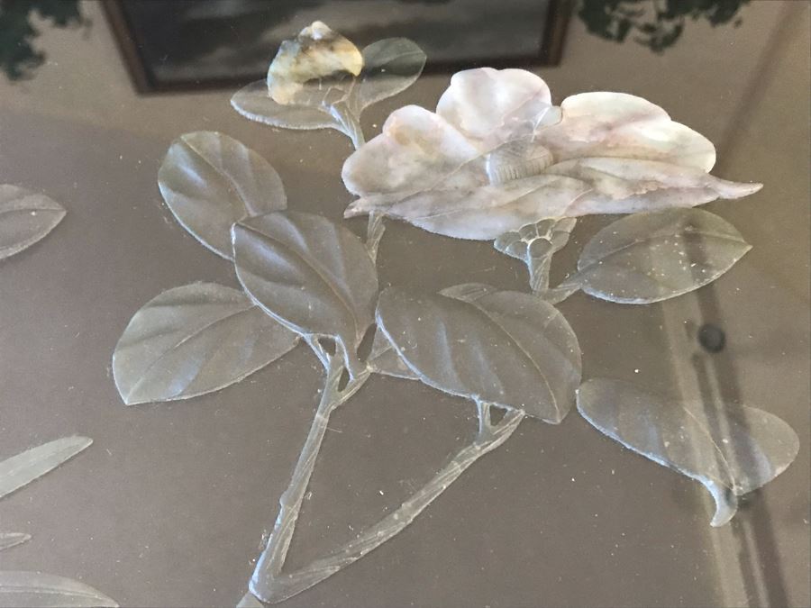 Asian Wooden Black Lacquer Oriental Tea Coffee Table Set With Inlaid Pearl And (4) Built-In Stools With Glass Top 34W X 20H [Photo 8]