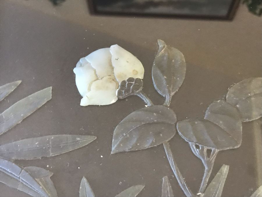 Asian Wooden Black Lacquer Oriental Tea Coffee Table Set With Inlaid Pearl And (4) Built-In Stools With Glass Top 34W X 20H [Photo 6]