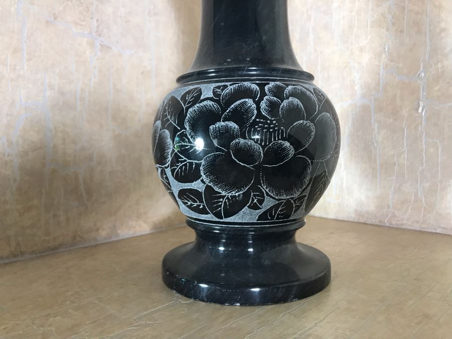 Turned Stone Marble Vase With Floral Carvings 10H [Photo 3]