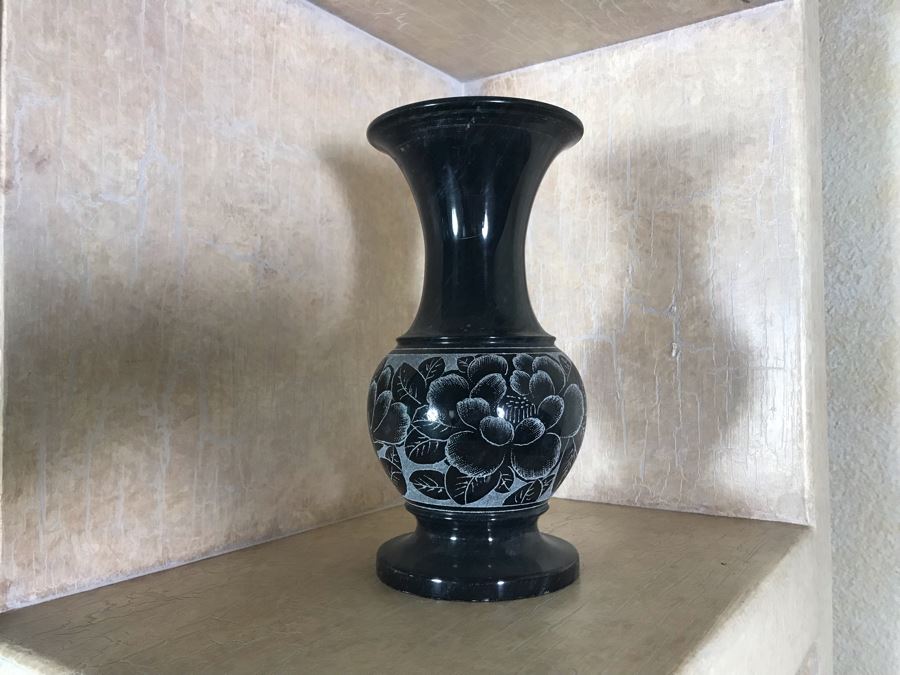 Turned Stone Marble Vase With Floral Carvings 10H [Photo 2]