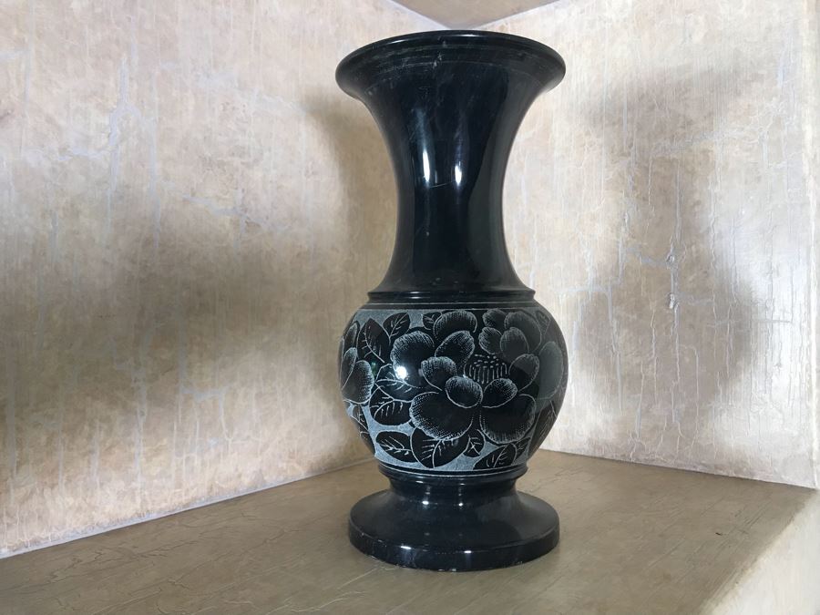 Turned Stone Marble Vase With Floral Carvings 10H [Photo 1]