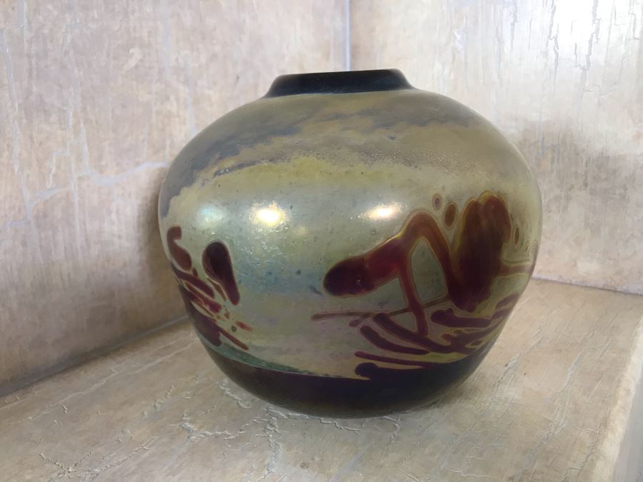 Signed Studio Iridescent Art Glass Vase By Bruce Stowell 8W X 7H [Photo 2]