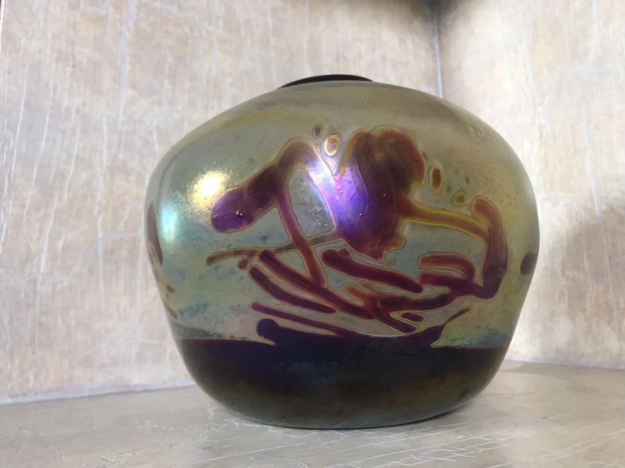 Signed Studio Iridescent Art Glass Vase By Bruce Stowell 8W X 7H [Photo 3]