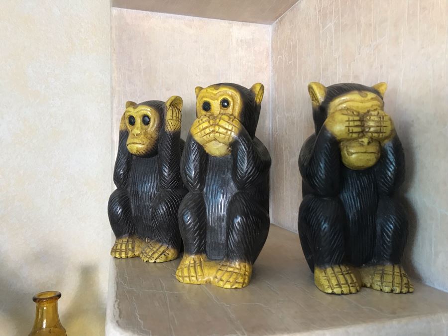 Handcrafted Carved Wooden Figures See/Hear/Speak No Evil Monkeys Three Wise Monkeys From Kingdom Of Thailand 8H [Photo 2]