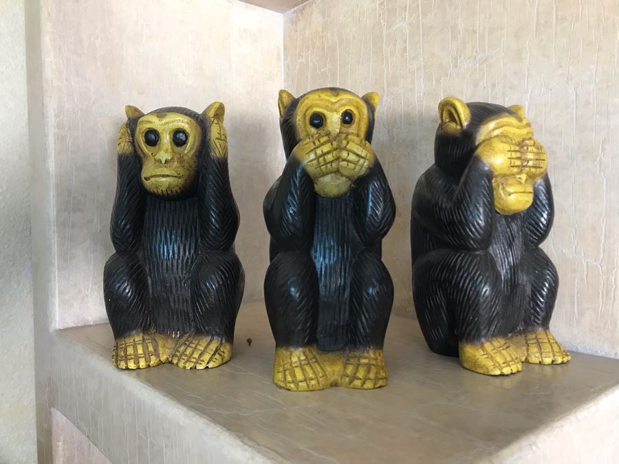 Handcrafted Carved Wooden Figures See/Hear/Speak No Evil Monkeys Three Wise Monkeys From Kingdom Of Thailand 8H [Photo 1]