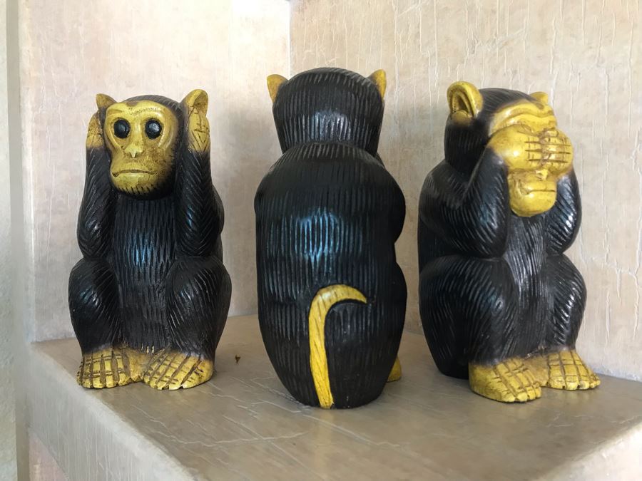 Handcrafted Carved Wooden Figures See/Hear/Speak No Evil Monkeys Three Wise Monkeys From Kingdom Of Thailand 8H [Photo 5]