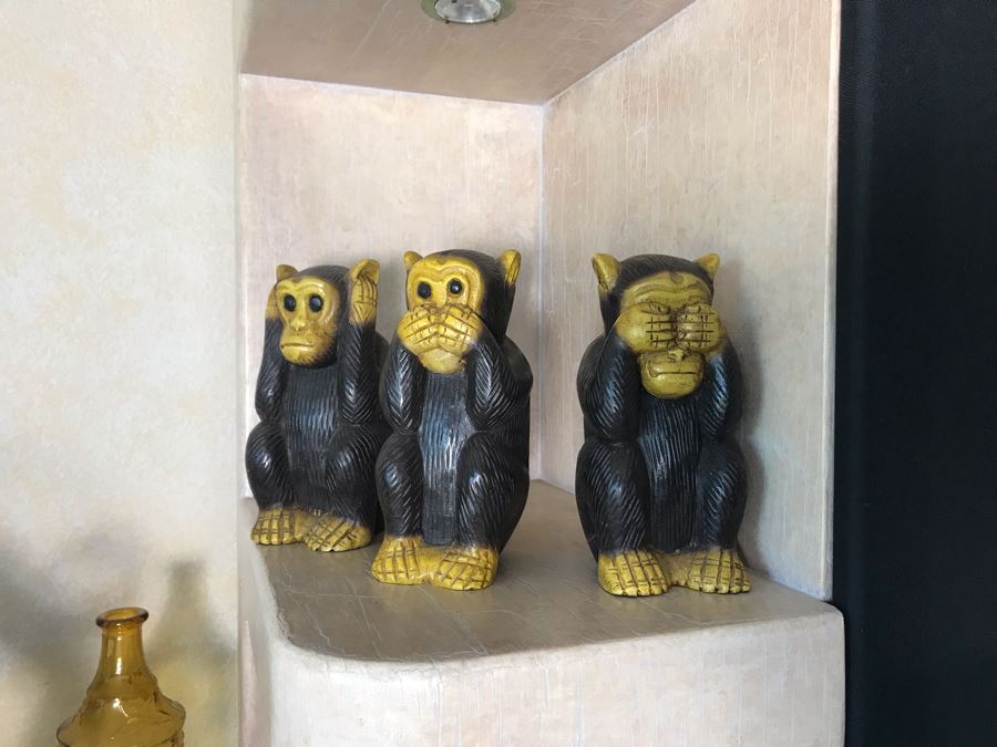 Handcrafted Carved Wooden Figures See/Hear/Speak No Evil Monkeys Three Wise Monkeys From Kingdom Of Thailand 8H [Photo 3]
