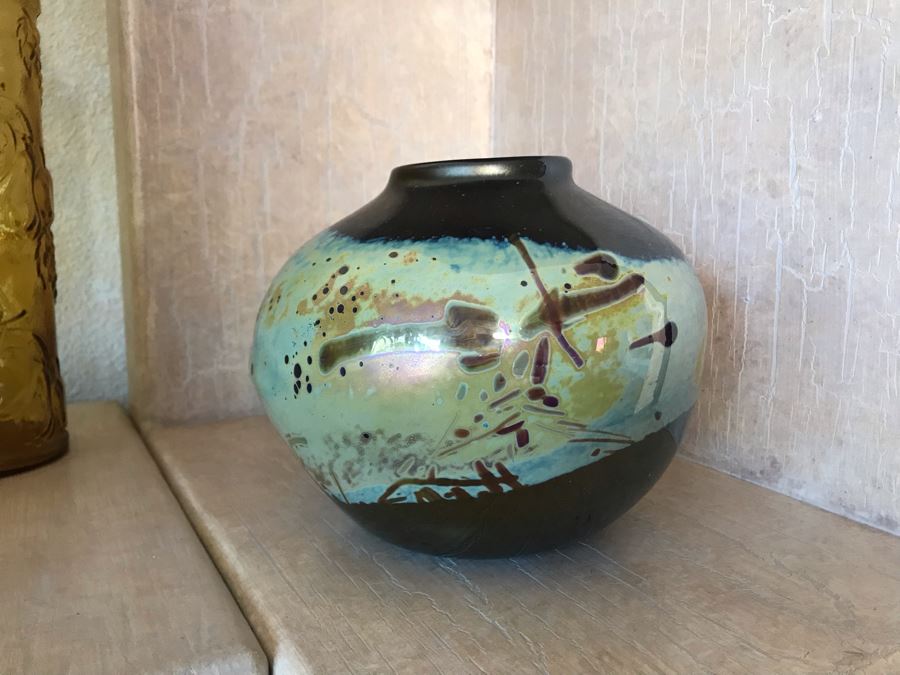 Signed Studio Iridescent Art Glass Vase By Bruce Stowell 9W X 7H [Photo 2]
