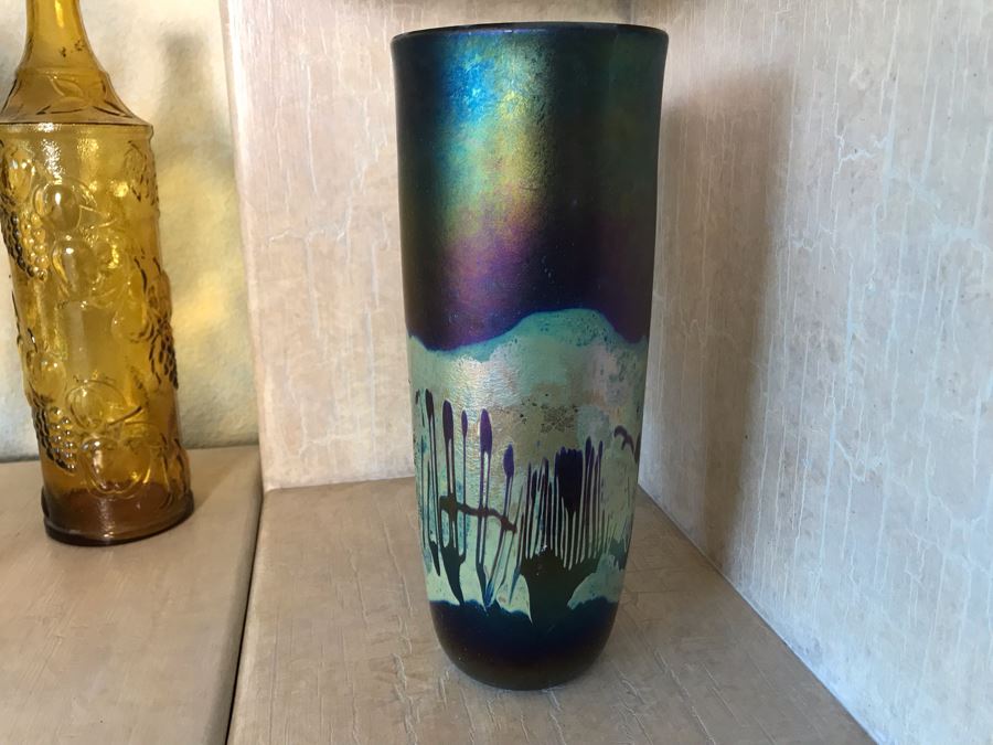 Signed Studio Iridescent Art Glass Vase By Bruce Stowell 5W X 12H [Photo 5]