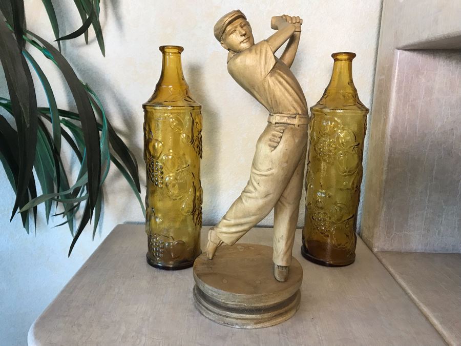 Handcrafted Carved Wooden Golfer Sculpture Statue 16H [Photo 1]