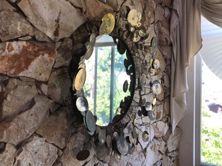 Vintage 1968 Mid-Century Modern Signed Curtis Jere Metal Wall Mirror Sculpture Raindrops 32W [Photo 5]