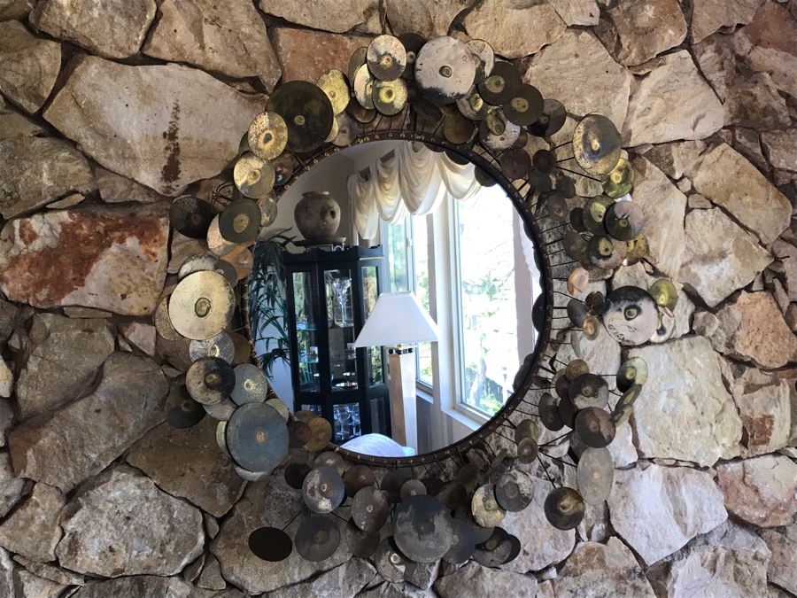 Vintage 1968 Mid-Century Modern Signed Curtis Jere Metal Wall Mirror Sculpture Raindrops 32W [Photo 3]