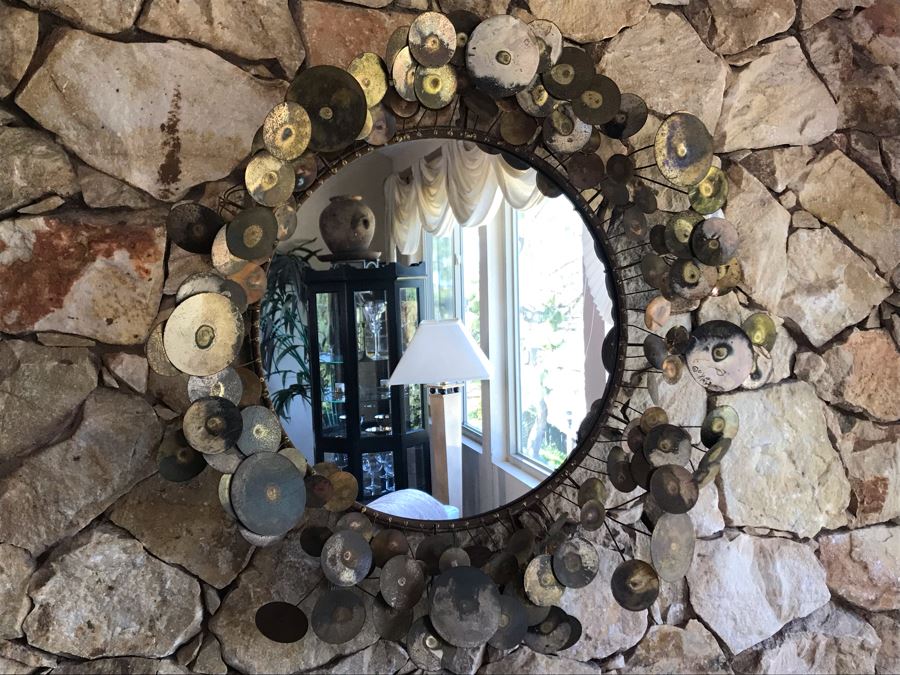 Vintage 1968 Mid-Century Modern Signed Curtis Jere Metal Wall Mirror Sculpture Raindrops 32W [Photo 4]