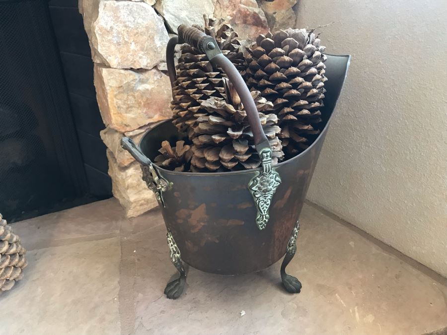 Vintage Brass Footed Coal Ash Scuttle Bucket 18W X 12D X 19H [Photo 2]